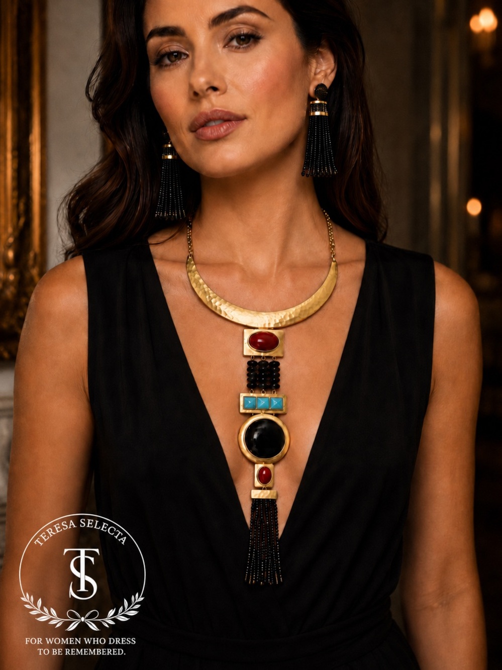 Chico’s Gold Tone Statement Necklace Earrings Set Black Red Turquoise